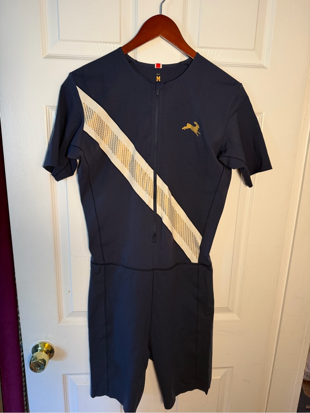 Tracksmith Navy Short-Sleeve Speedsuit for track and bike.